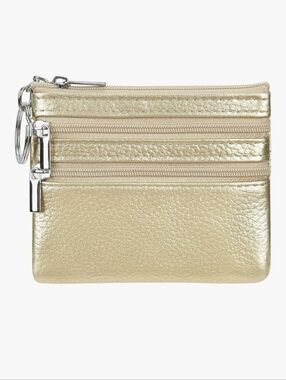 Genuine Leather Zip Coin Pouch - Gold